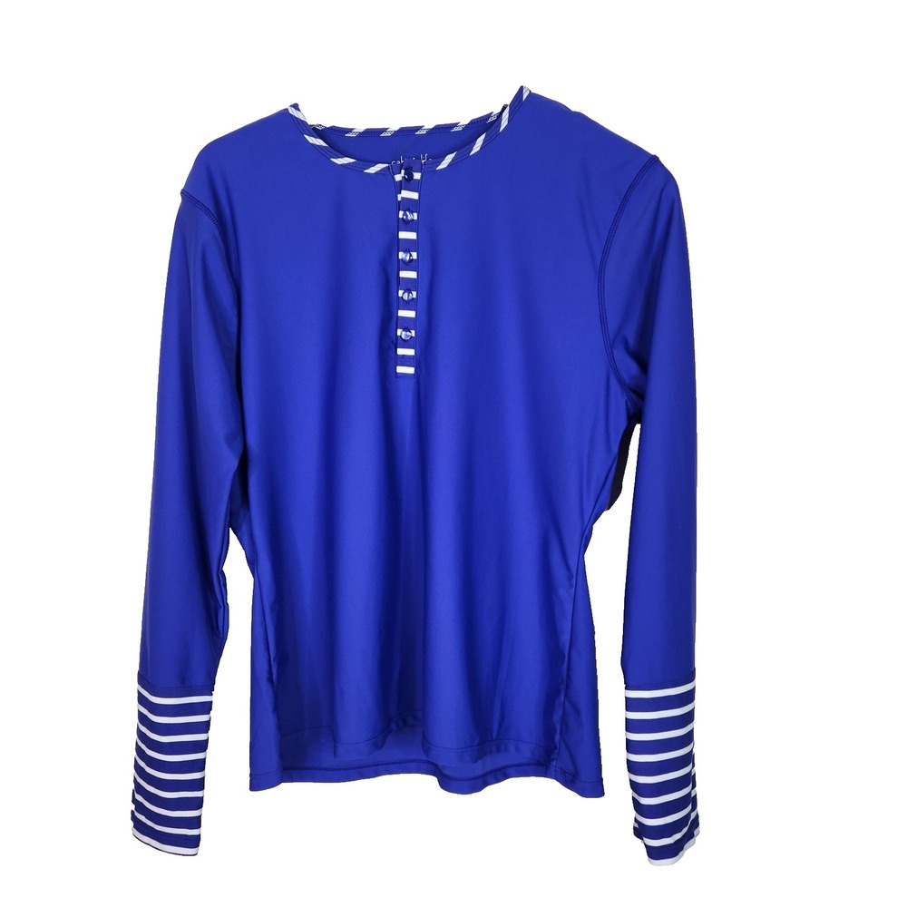 CABANA LIFE Shirt Womens XL Blue Striped Long‎ Sleeve Swim Rash Guard UPF 50+